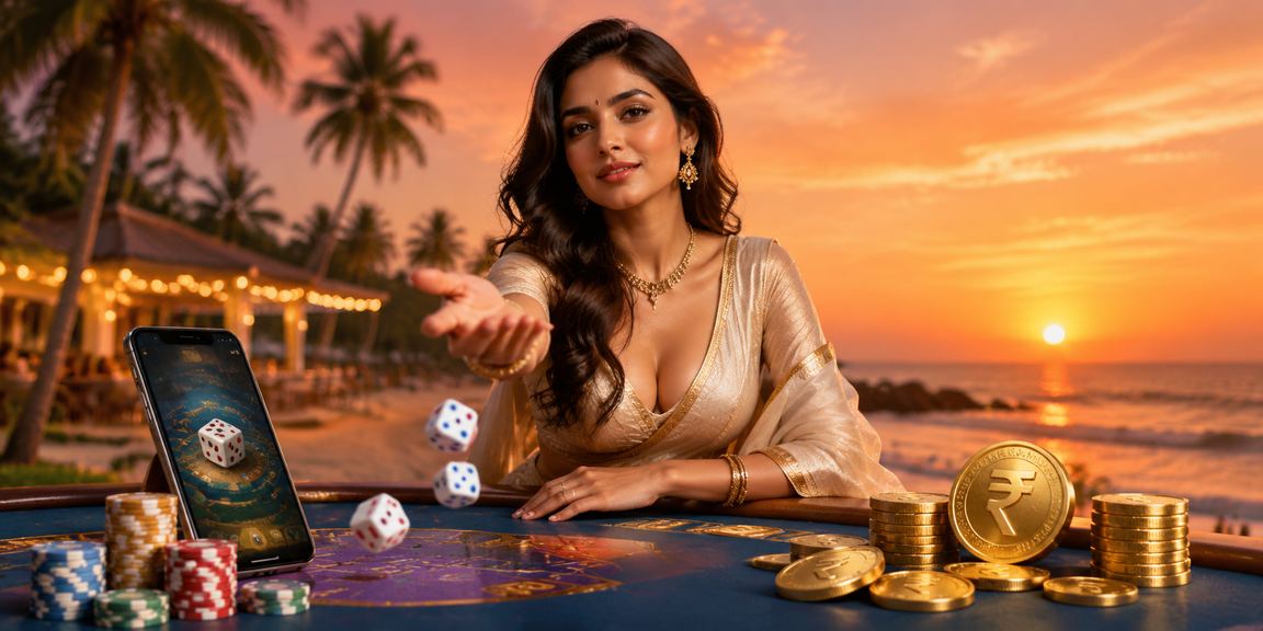 Beach setting with dice and Indian rupees, epitomizing 32218 gaming