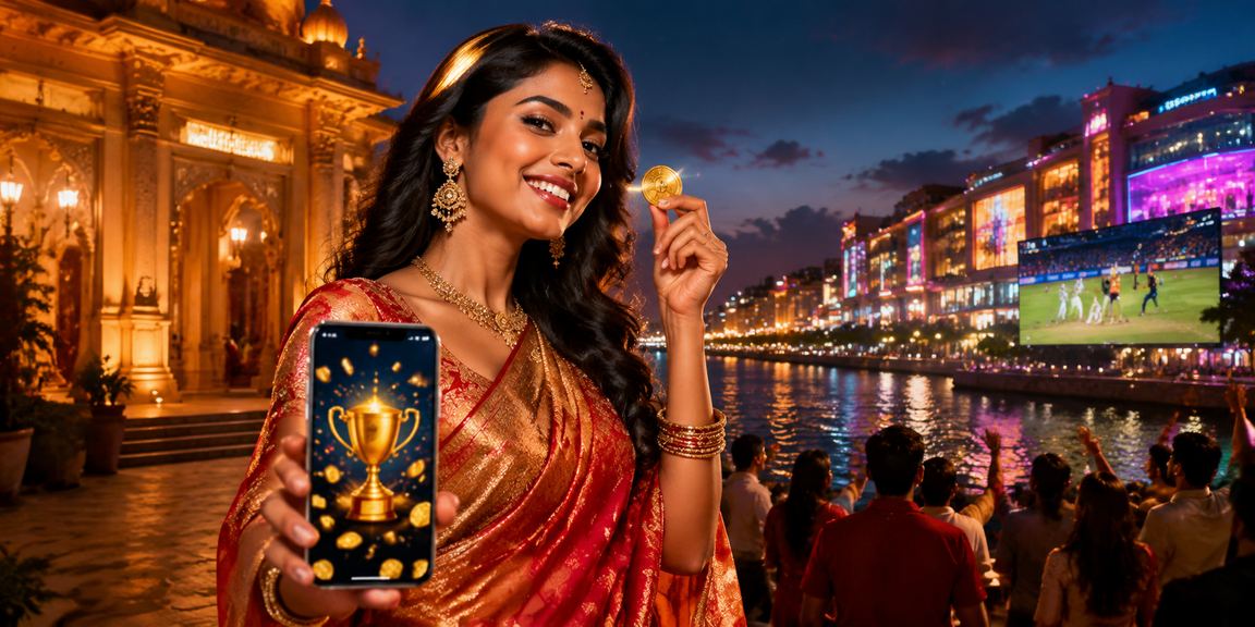 Indian woman playing Teen Patti on mobile phone in traditional saree
