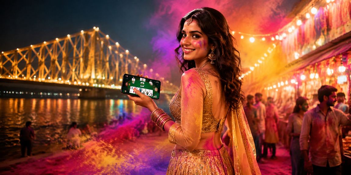 Rummy player enjoying online game in Kolkata at Howrah Bridge backdrop