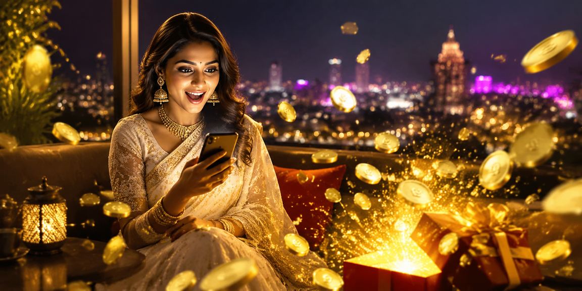 Woman using mobile casino app in saree in Pune city